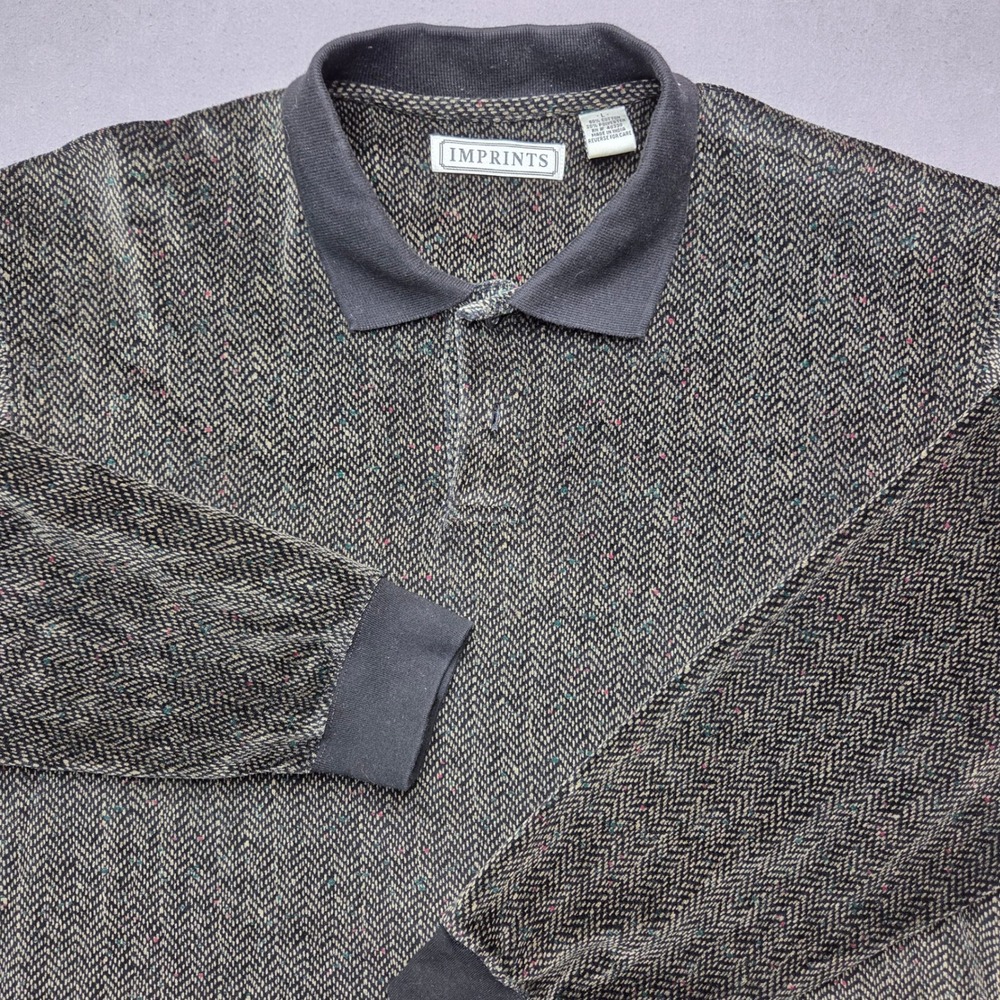 Vintage Imprints Men's Large Herringbone Knit Polo Shirt Flecked Long Sleeve